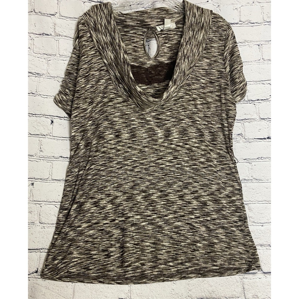 Dressbarn 90's/Y2K Brown Tan XL Cowl Neck Lace Keyhole Knit Short Sleeve Top